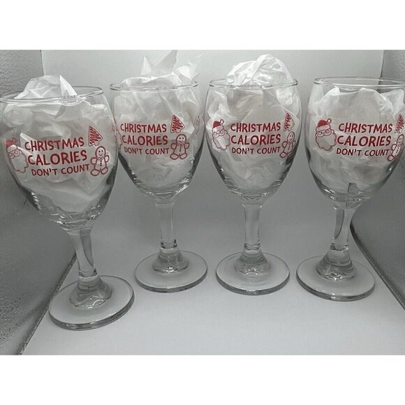 Christmas Calories Don't Count Set of 4 Wine Glasses 10oz Santa Holiday Party - Picture 2 of 13